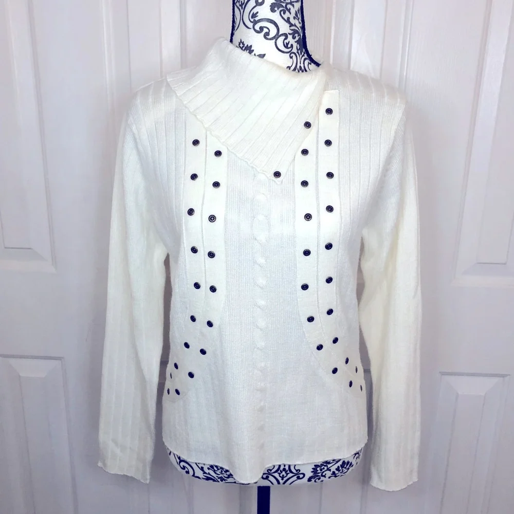 Carol rose cream studded detail folded over collar detail pullover sweater - Picture 1 of 6
